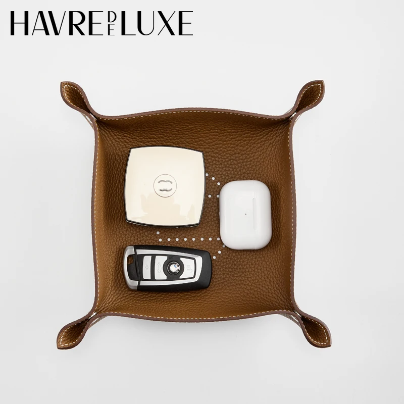 Leather Storage Tray Cowhide Sundries Storage Box Makeup Jewelry Key Tray DIY Water Proof Household Folding Tray Storage Case