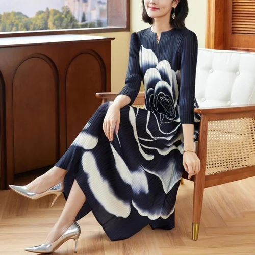 Imagen 2 del producto Vestidos para mujer Vestido elegante y con estampado de flores de peonía Vestido suelto plisado con manga corta Vestido de cuello redondo Miyake para mujer