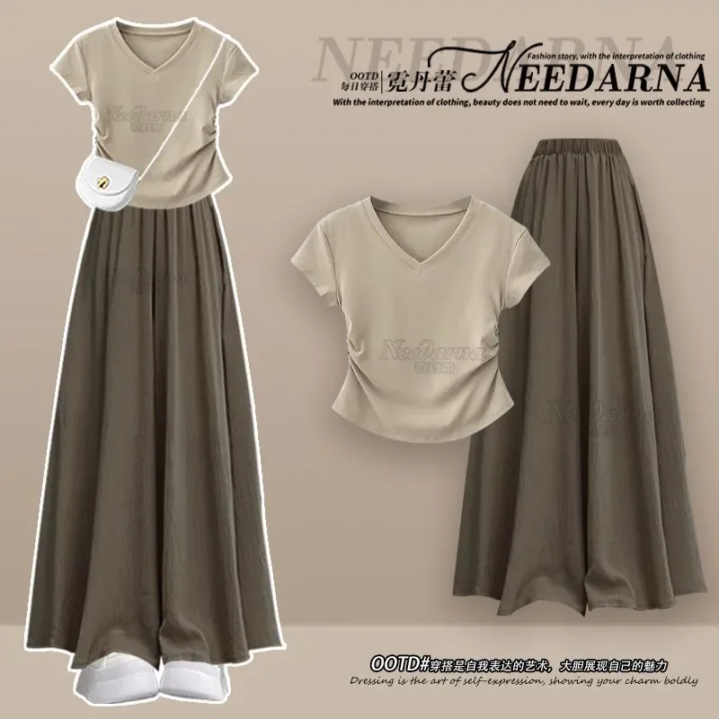 Roupa de verão terno para mulher 2025 novo coreano fino camiseta de manga curta com saias soltas de perna larga e calças conjunto de duas peças