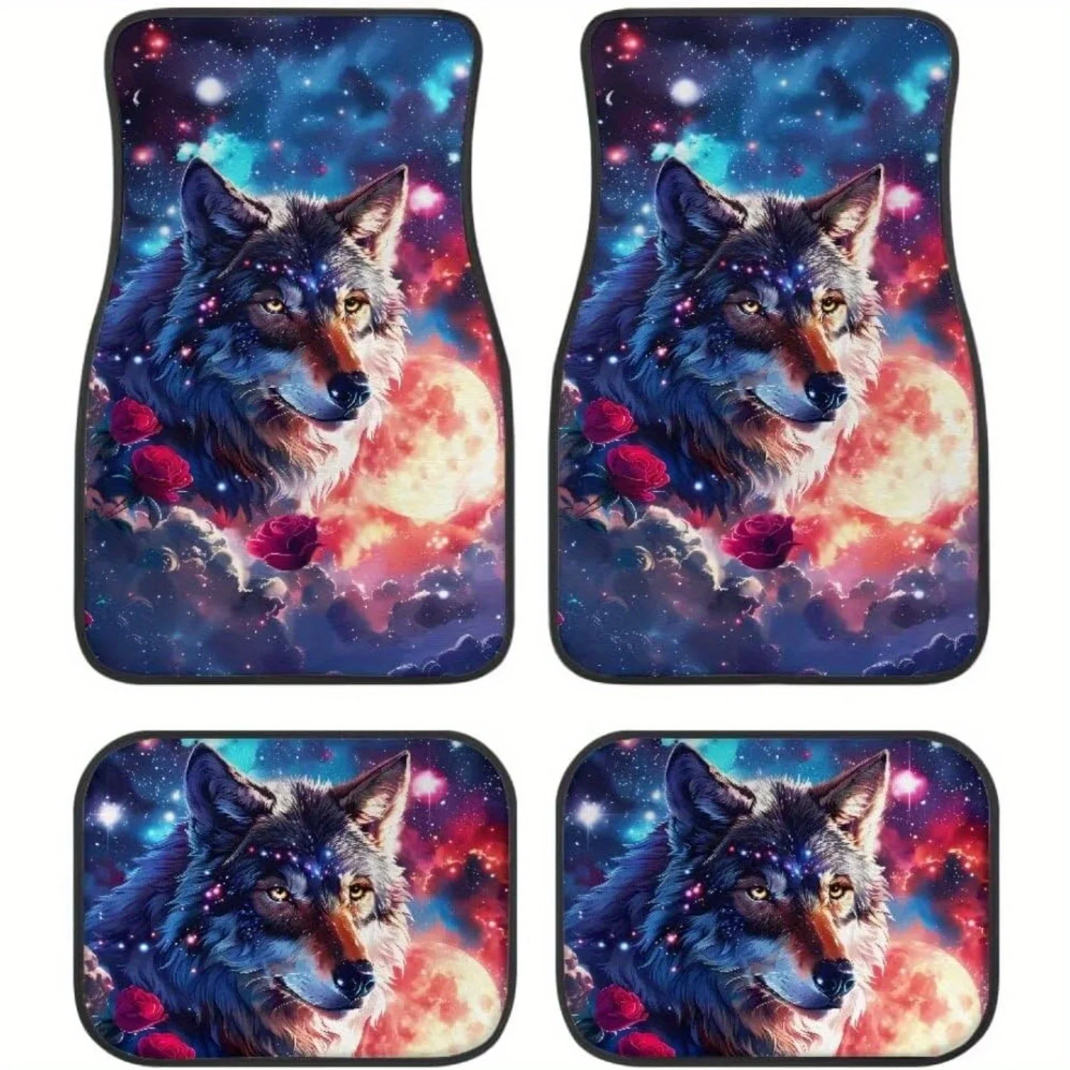 Wolf Rose Galaxy Print All Weather Floor Mats For Car SUV & Truck - Automotive Floor Mats 4pcs Set (Front & Rear), Heavy Duty Pr
