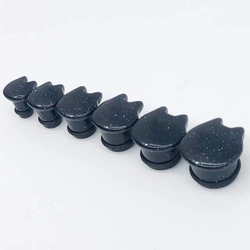 1/2 Paar Katzenkopf-Ohrgeschosse aus Opalit/künstlichem blauem Stein – Tunnel, Plugs, Stretchers, Expander für Körperpiercing, 2g-5/8 Zoll – Detail 4
