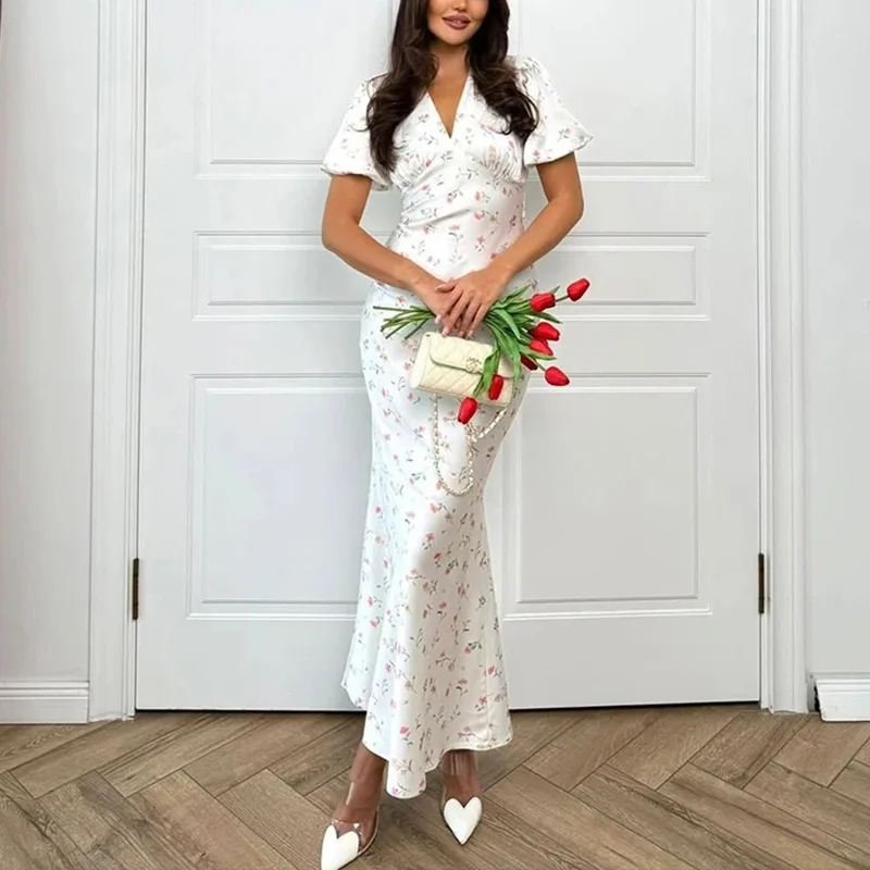 Fashion V Neck Printed Floral Elegant Mermaid Long Dress Women Satin Short Sleeve Slim Dresses Commuting Holiday Party Female