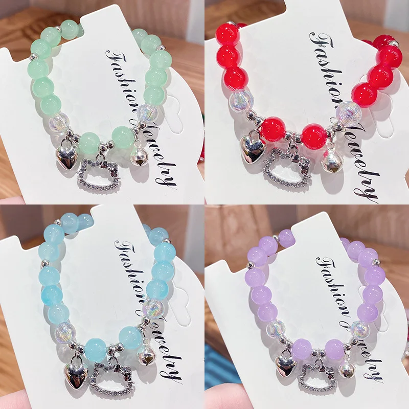 Cartoon Character Cute Hello Kitty Children's Gift Metal Bell Crystal Adjustablet Bracelet Beads Jewelry Accessories Souvenir