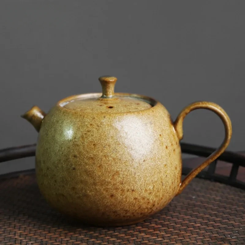 Chinese style retro stoneware persimmon shape hand-held teapot, handmade pottery kiln, personalized tea maker