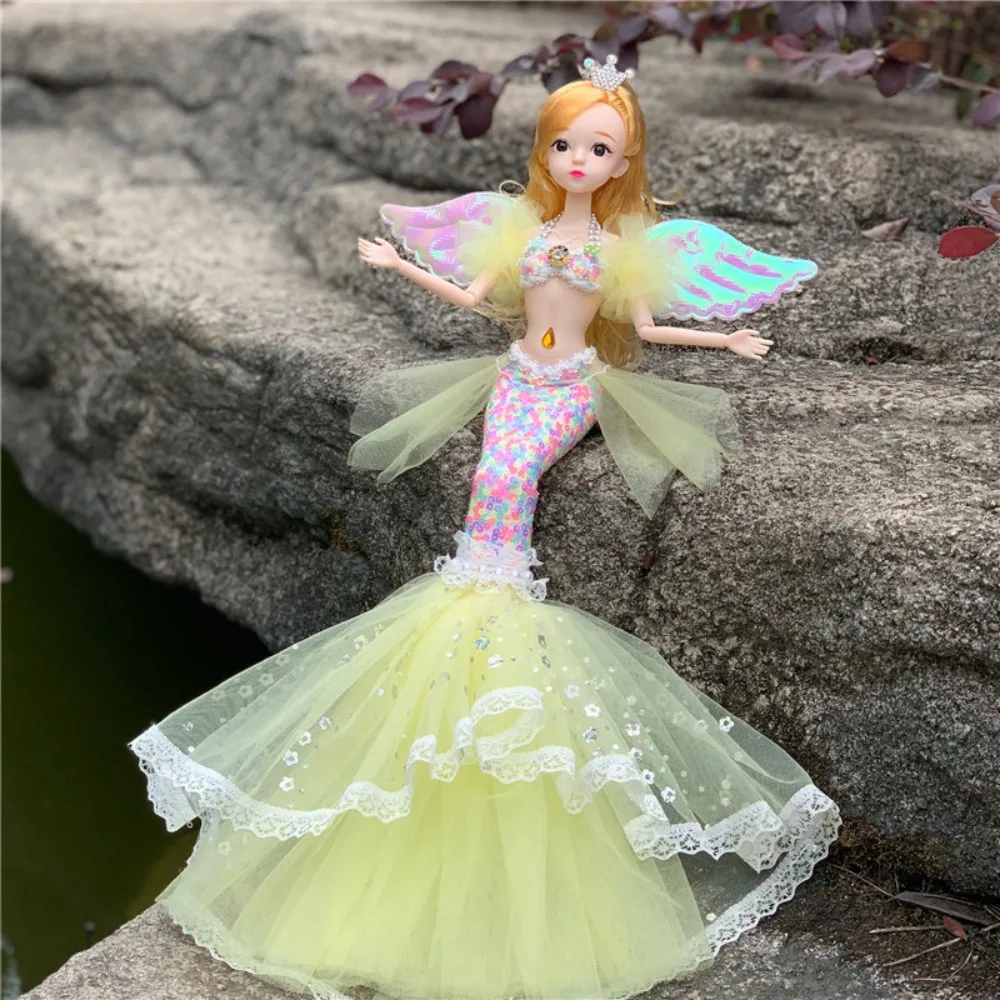 Handmade DIY Mermaid Doll Dress Up Multi Joints Girl Toy Fairy Wings with Sequin Fish Tail Skirt Dollhouse Accessories Gift