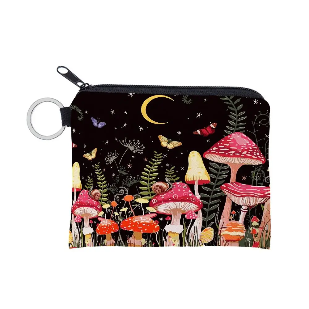 Portable Mushroom Print Cosmetic Bag Large Capacity Zipper Travel Storage Bag Polyester Coin Purse