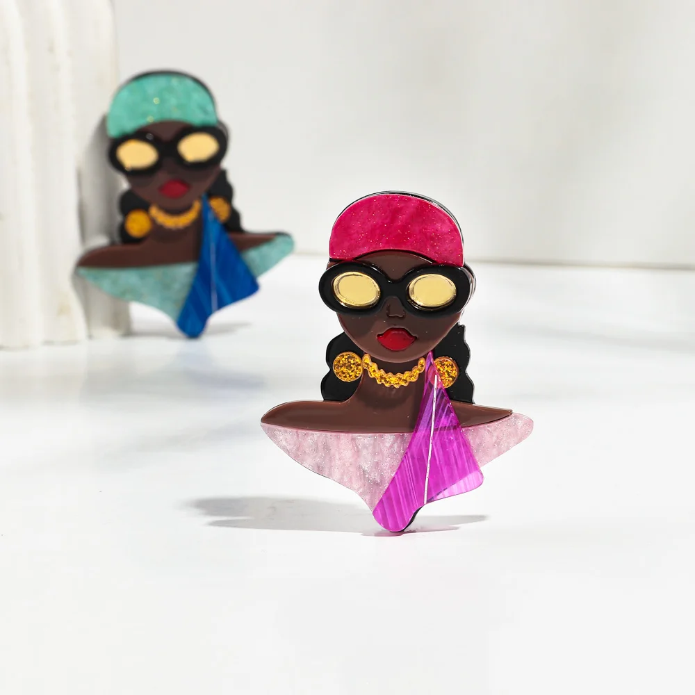 New Acrylic Fashion Sunglasses Black Girls Brooches for Women Cartoon African Lady Figure Badges Pin 2024 Jewelry Accessories