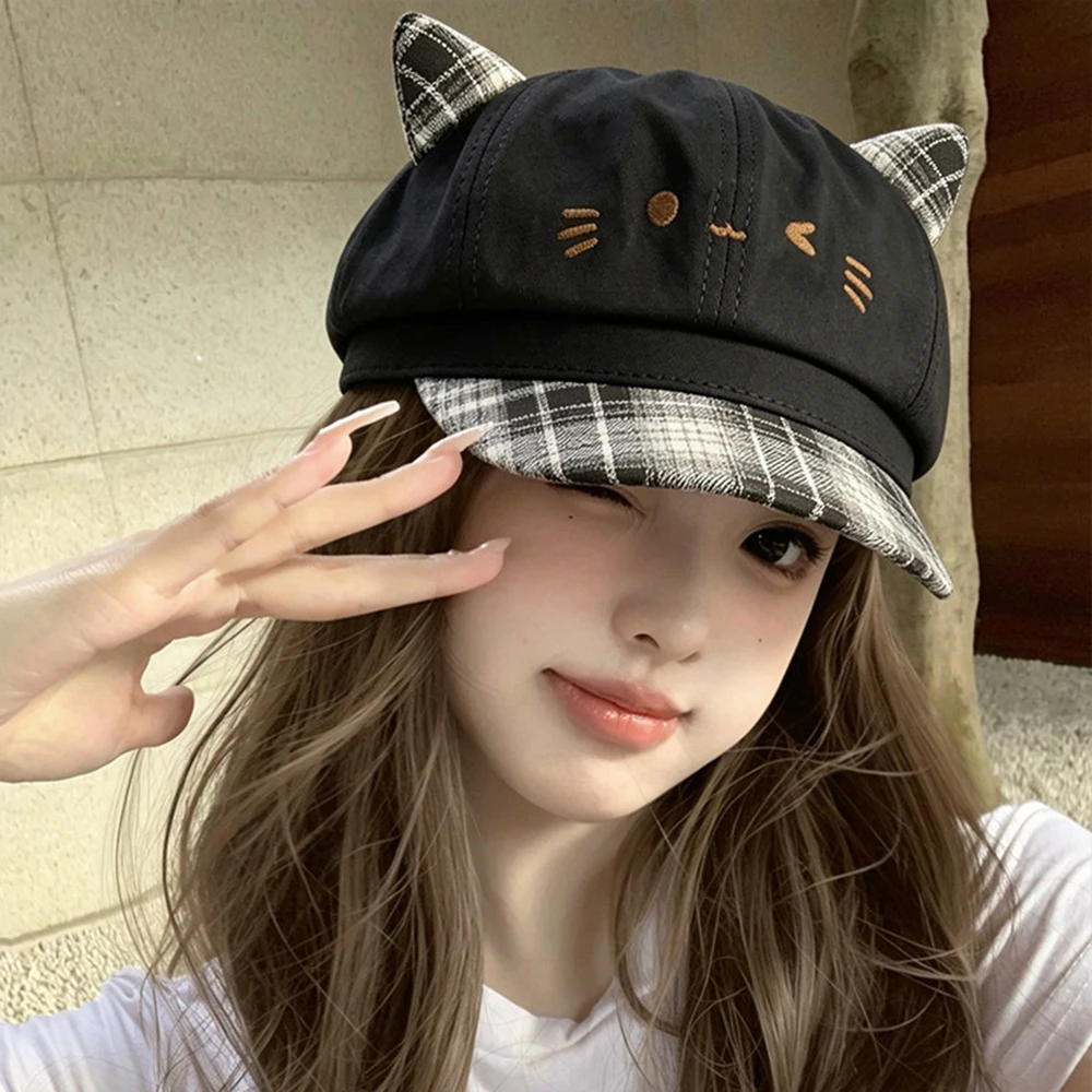 Cute Cat Ear Newsboy Cap Women Daily Casual Baker Boy Cap Street Snap Kawaii Cat Face Embroidery Sweet Girl Plaid Brim Travel