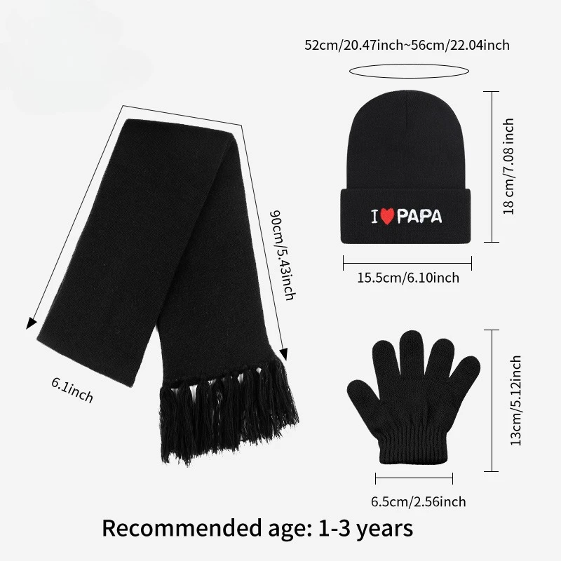 Chic I Love PAPA Embroidered 3Pcs Kids Winter Hat Scarf Gloves Set, Warm Knit Accessories for 1‑3 Years Toddler Casual Daily Wea