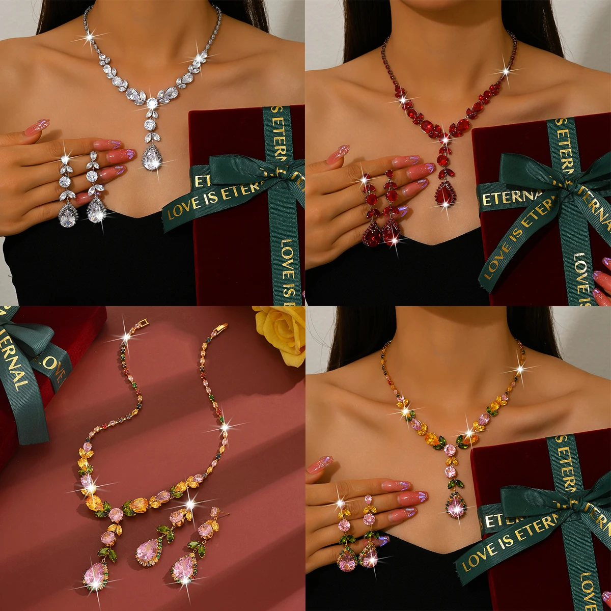 

Роскошный комплект ювелирных изделий с медной и циркониевой инкрустацией для женщин, банкетное ожерелье с кристаллами, комплект серег, ювелирные аксессуары на годовщину свадьбы