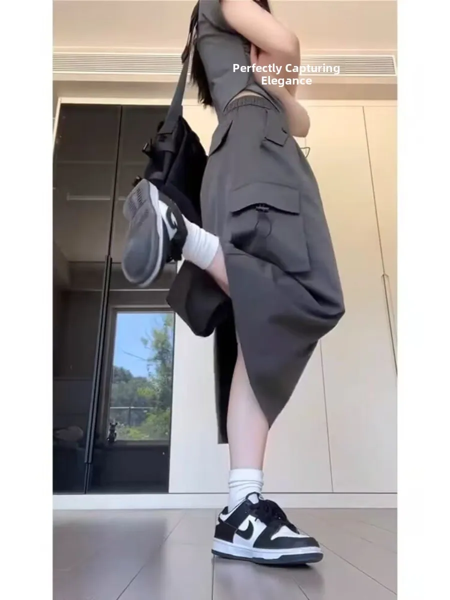 ملابس العمل الأمريكية الرجعية عالية الخصر ألف خط تنورة المرأة حجم كبير الصيف هونغ كونغ Sle سبليت منتصف طول الحلو المدرسة Sle