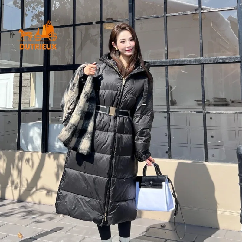 New Winter Coat , Simple and Elegant Hooded Long Waisted Grey Goose Down Jacket for Women , Warm and Windproof Jacket for Party