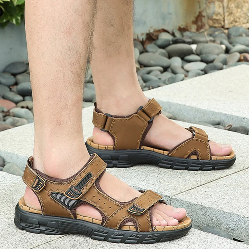 

Men's Sandals Outdoor Handmade Thick Bottom Rubber Breathable Casual Slip-On Beach Shoes Leather Men Shoes Upgraded Version