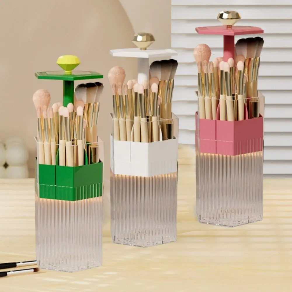 

Plastic Automatic Lifting Makeup Brush Holder Press Type Dustproof Makeup Brush Organizer Space Saving with Lid