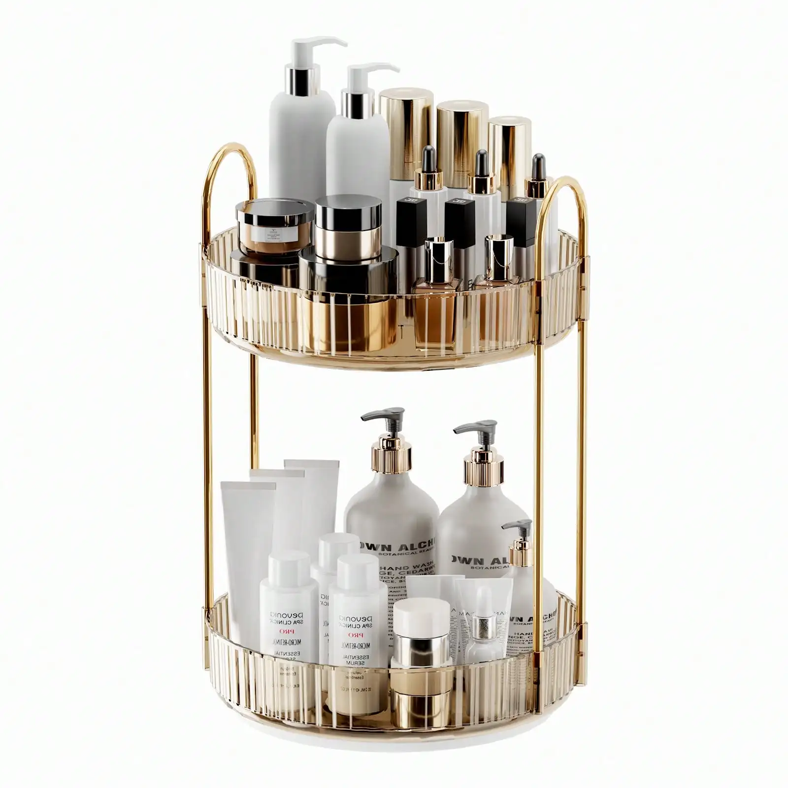 2-х уровневый 360 °   Вращающийся органайзер для макияжа (прозрачное золото) — Lazy Susan высокой емкости для туалетного столика/ванной комнаты