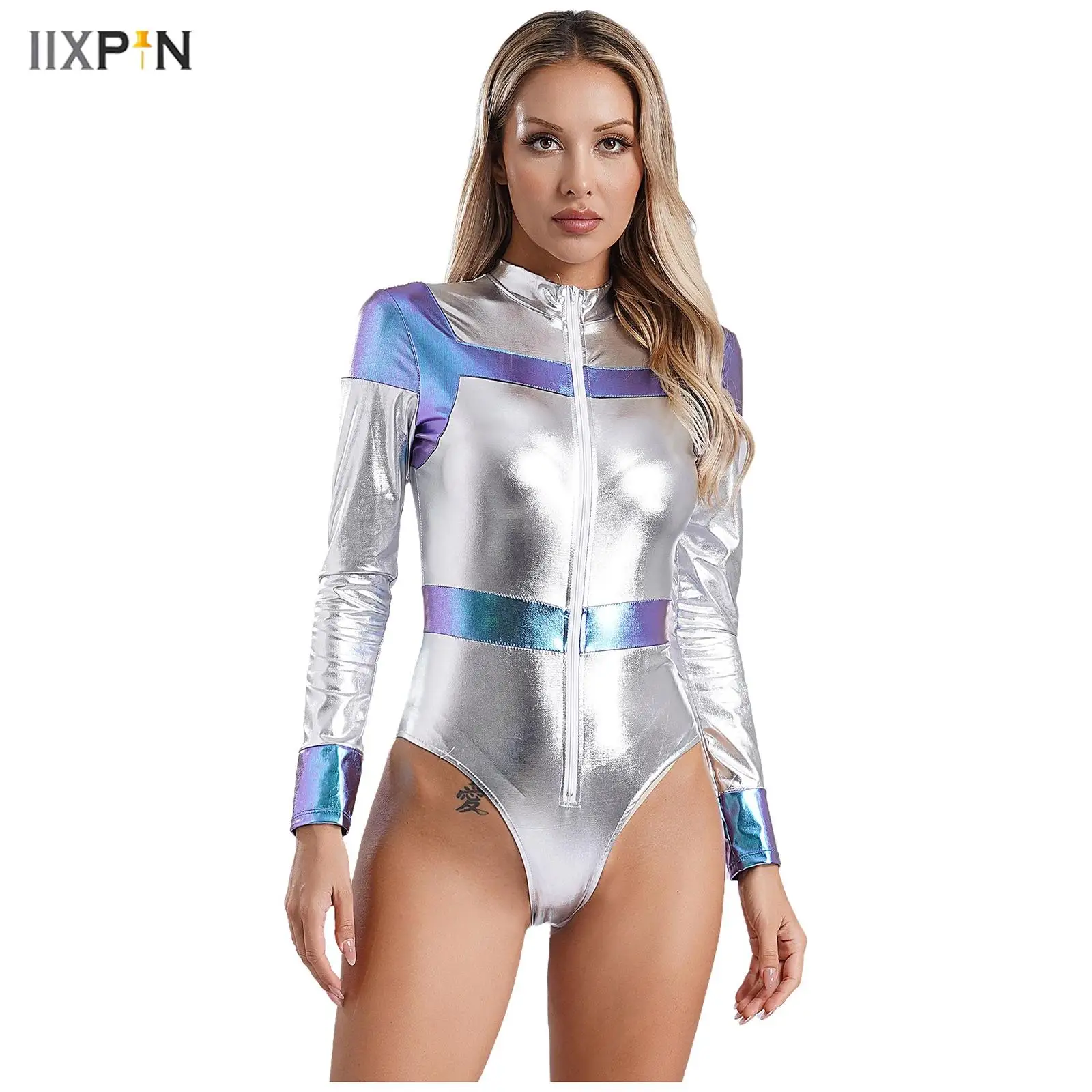 

Space Astronaut Bodysuit Womens Halloween Cosplay Costume Metallic Shiny Contrast Mock Neck Long Sleeve Bodycon Leotard Jumpsuit