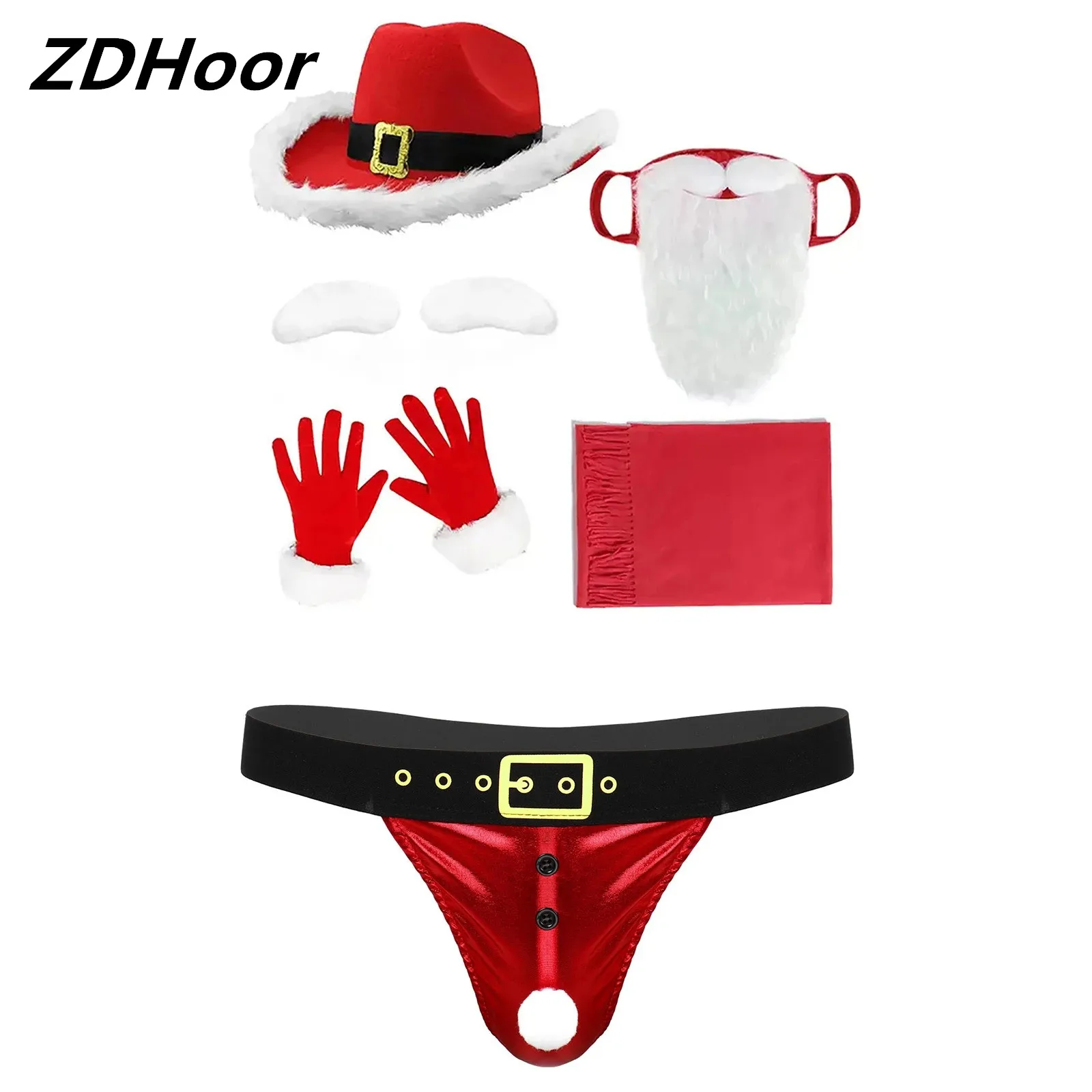 Men Christmas Cosplay Costume Sets Patent Leather Printed Belt Pattern Underwear with Hat Eyebrows Beard Gloves Scarf Props Set