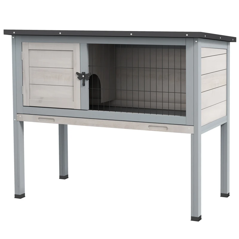 

PawHut Elevated Wooden Rabbit Hutch, Indoor/Outdoor Bunny Cage with Hinged Asphalt Roof and Removable Tray for Guinea Pig, Gray