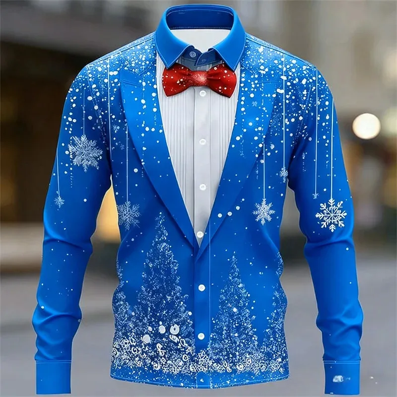قميص عيد الميلاد للرجال، تصميم عصري غير رسمي، قميص رجالي لحفلات العطلات، طية صدر السترة بأكمام طويلة ملابس رجالية راقية مقاس S-5XL #5
