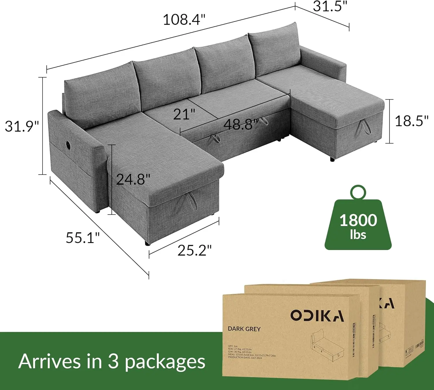 U Shaped Convertible Sleeper Sofa Bed, Sectional Couch for Living Room - Dual USB-C Charging, Pull Out Bed, Reversible Chaise