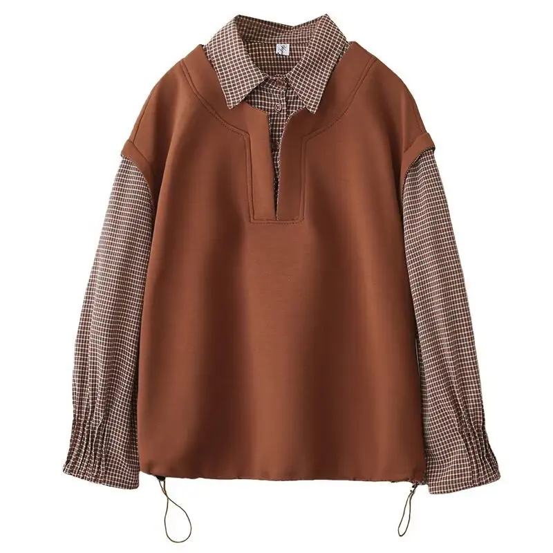 XXXXL Fashion Plus Size Woman Clothing Two Plaid Patchwork Tops Hoodie 2026 Spring POLO Neck Casual Sweatshirt 2602