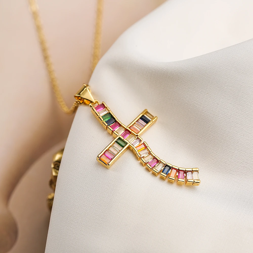 NEWBUY High Quality Gold Color Cross Pendant AAA CZ Zircon Pave Setting Christian Jewelry Stainless Steel Chain Necklace Female