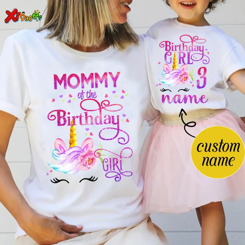 Camiseta de cumpleaños de unicornio para niña, ropa a juego para fiesta familiar, conjunto de camisa con nombre personalizado