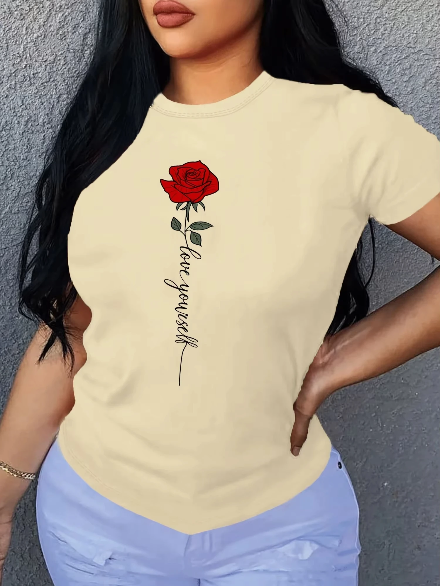 Letter & Rose Print T-Shirt Crew Neck Short Sleeve T-Shirt Casual Every Day Tops Women's Clothin Women Clothes