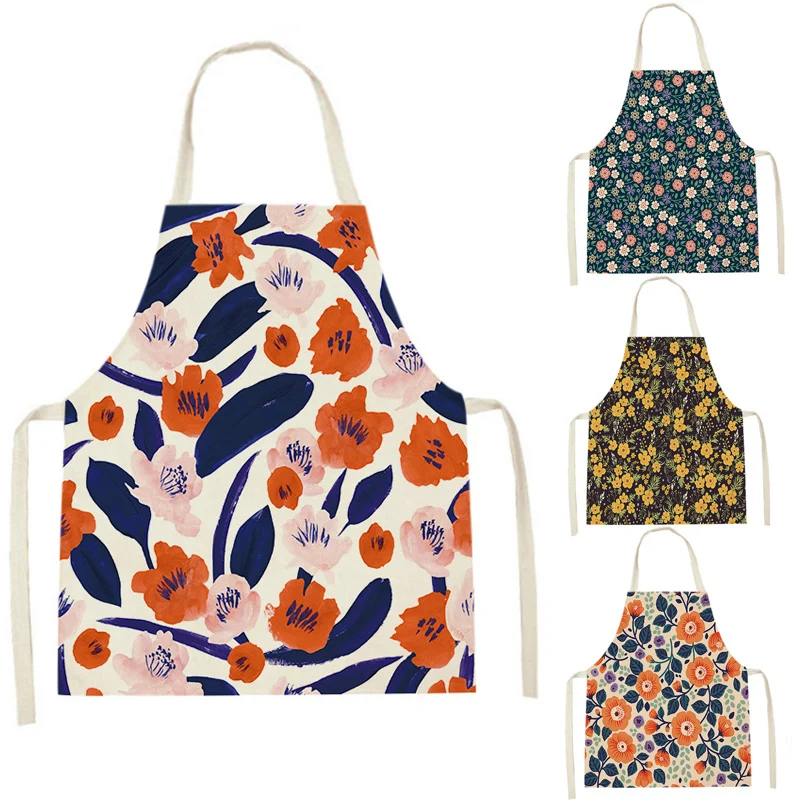 1Pcs Kitchen Apron Floral Flowers Printed Sleeveless Cotton Linen Aprons for Men Women Home Cleaning Tools