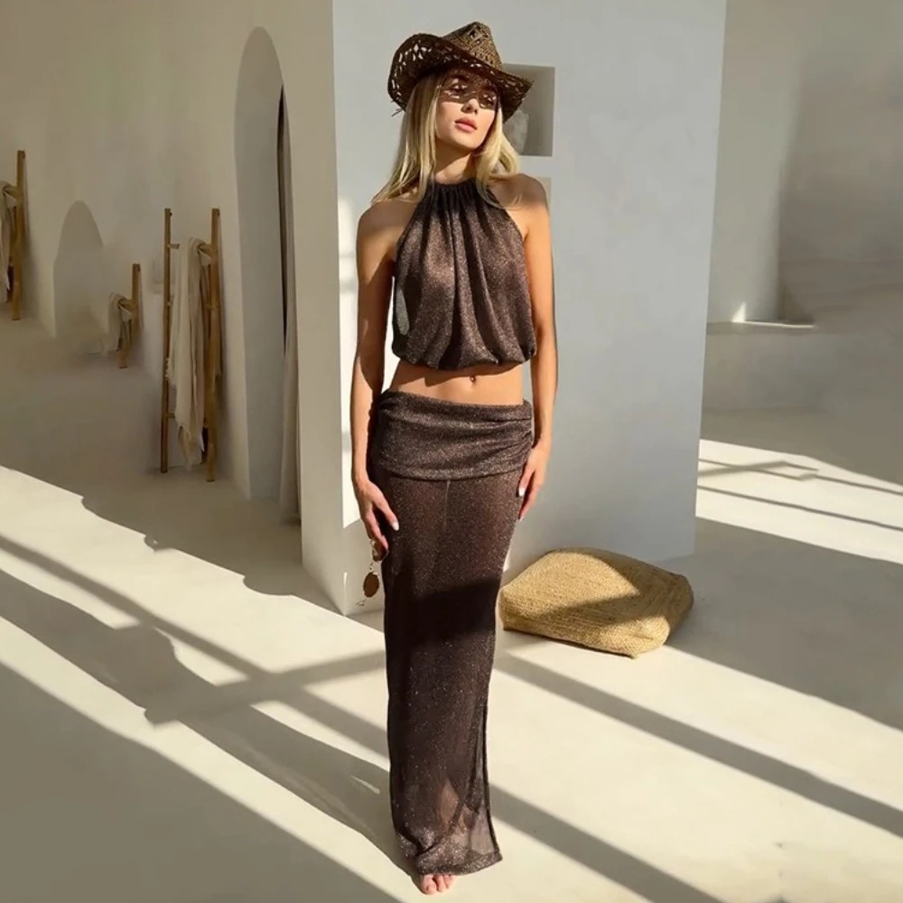 

Sheer Knit Skirts 2 Piece-Set Long Skirt Women Halter Backless Sleeveless Cropped Tops Slim Casual High Waist Knitwear Outfits