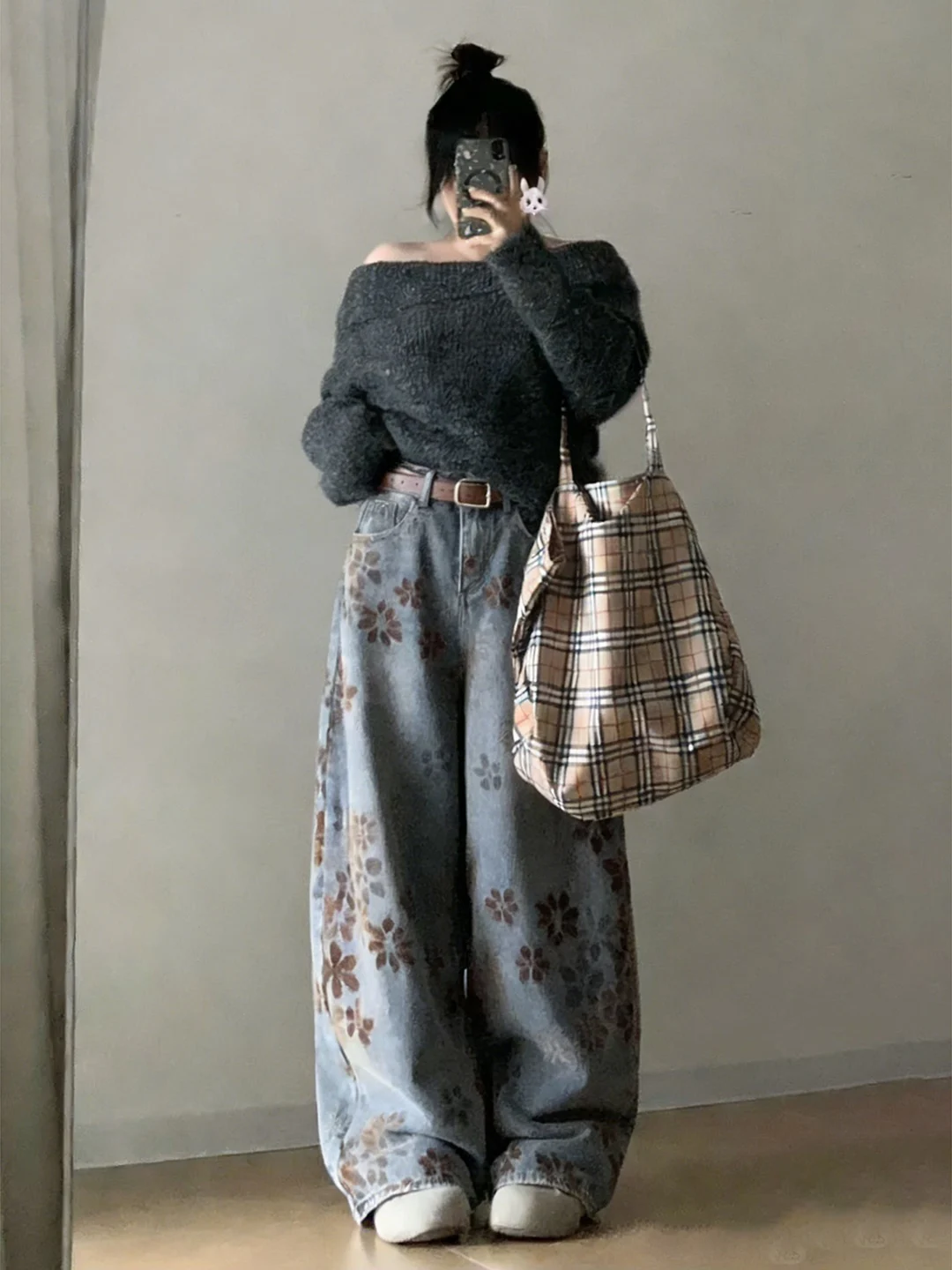 

plus Size Women's High Waist Wide Leg Denim Jeans Floral Embroidery Vintage Sle Comfortable Loose Long Trousers