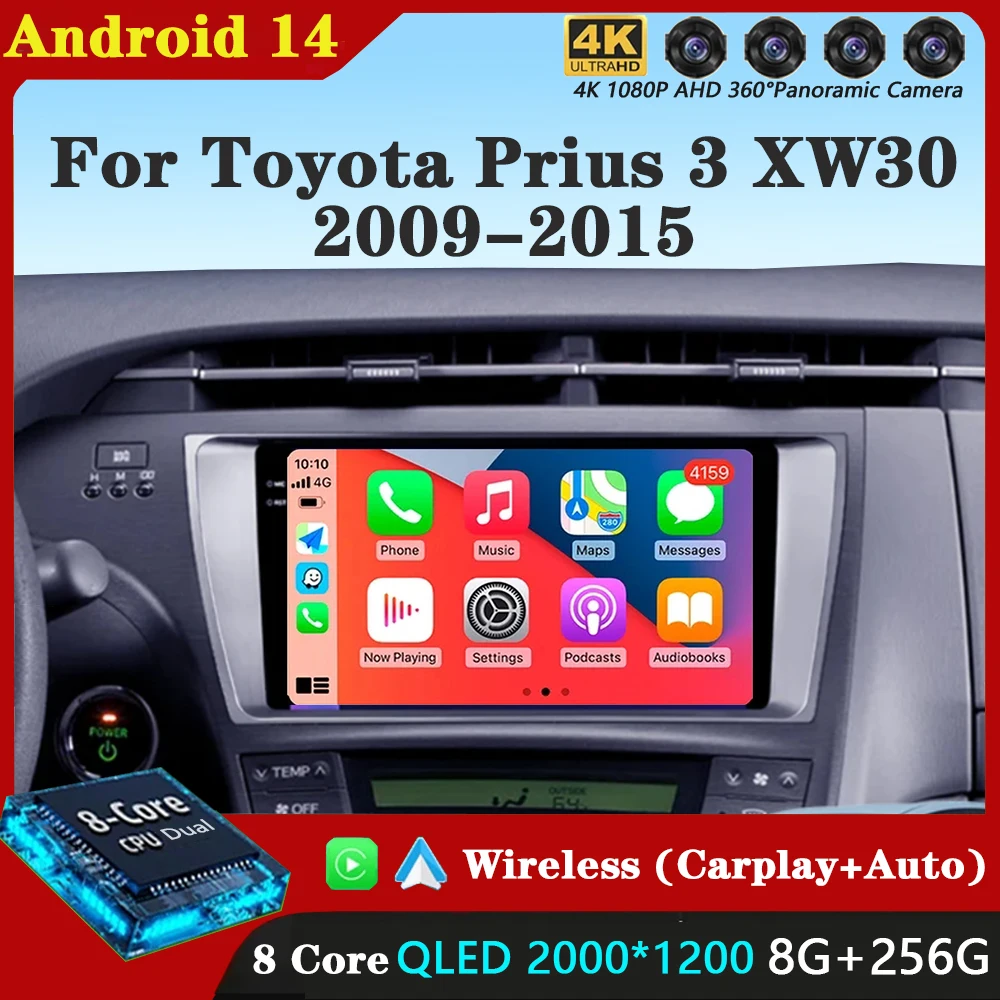 Android 14 Auto Car Radio Carplay For Toyota Prius 3 XW30 2009-2015 Multimedia Video Player Stereo 4G Navigation GPS QLED NO DVD