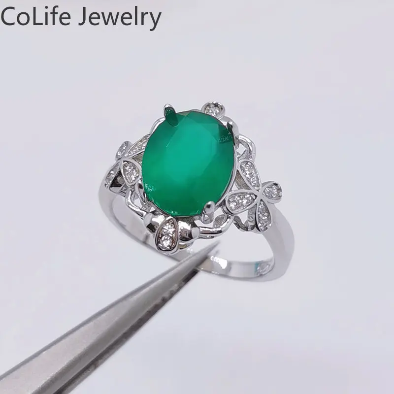 

Solid 925 Silver Gemstone Ring 8mm*10mm 100% Natural Green Chalcedony Ring 3 Layers 18K Gold Plating Chalcedony Jewelry