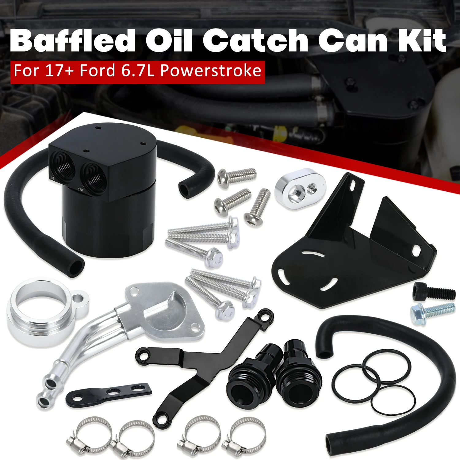 Baffled Oil Catch Can Kit For 17-on Ford F-250 F-350 F-450 6.7L Powerstroke Oil Separator Tank Air Intake System