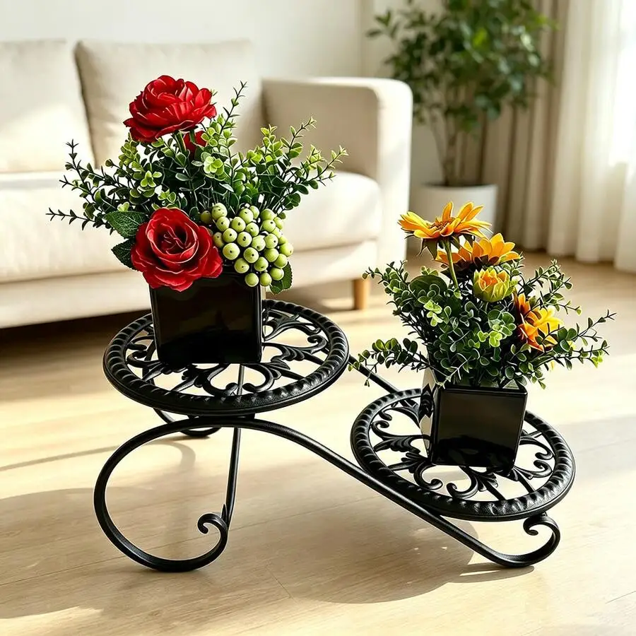 2-Tier Metal Plant Stand, Round, Connected-Style Plant Stand, Suitable For Indoor And Outdoor Use, A Modern, Multifunctional Pla
