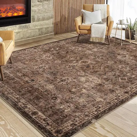 Washable Area Rug for Living Room,Vintage Floral Large Rug for Bedroom Dining Room Office,Soft Non Slip Low Pile Indoor Carpet