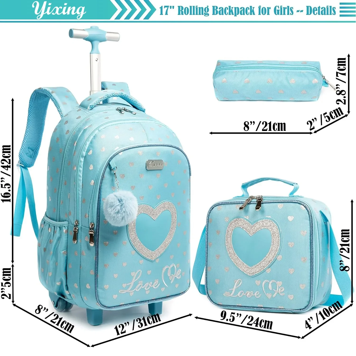 Children's Wheels Backpack Bag Set with Lunch Box School Rolling Backpack Bag with Wheels School Trolley Backpack Bag for Girls