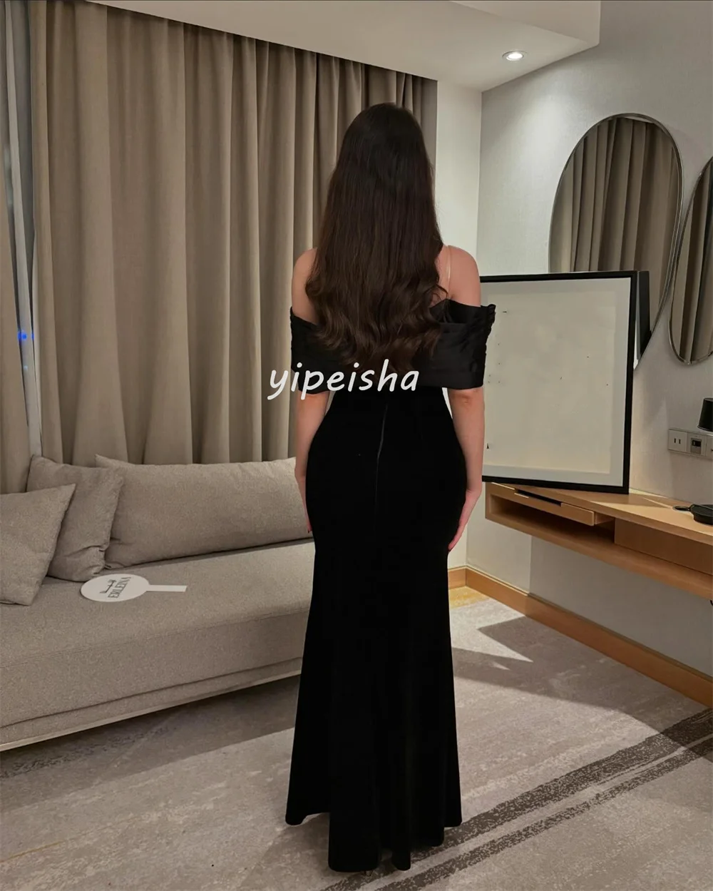 Op maat gemaakte bijpassende hoge kwaliteit jersey plooi ruches zeemeermin off-the-shoulder midi-jurken avondjurken maten beschikbaar retro