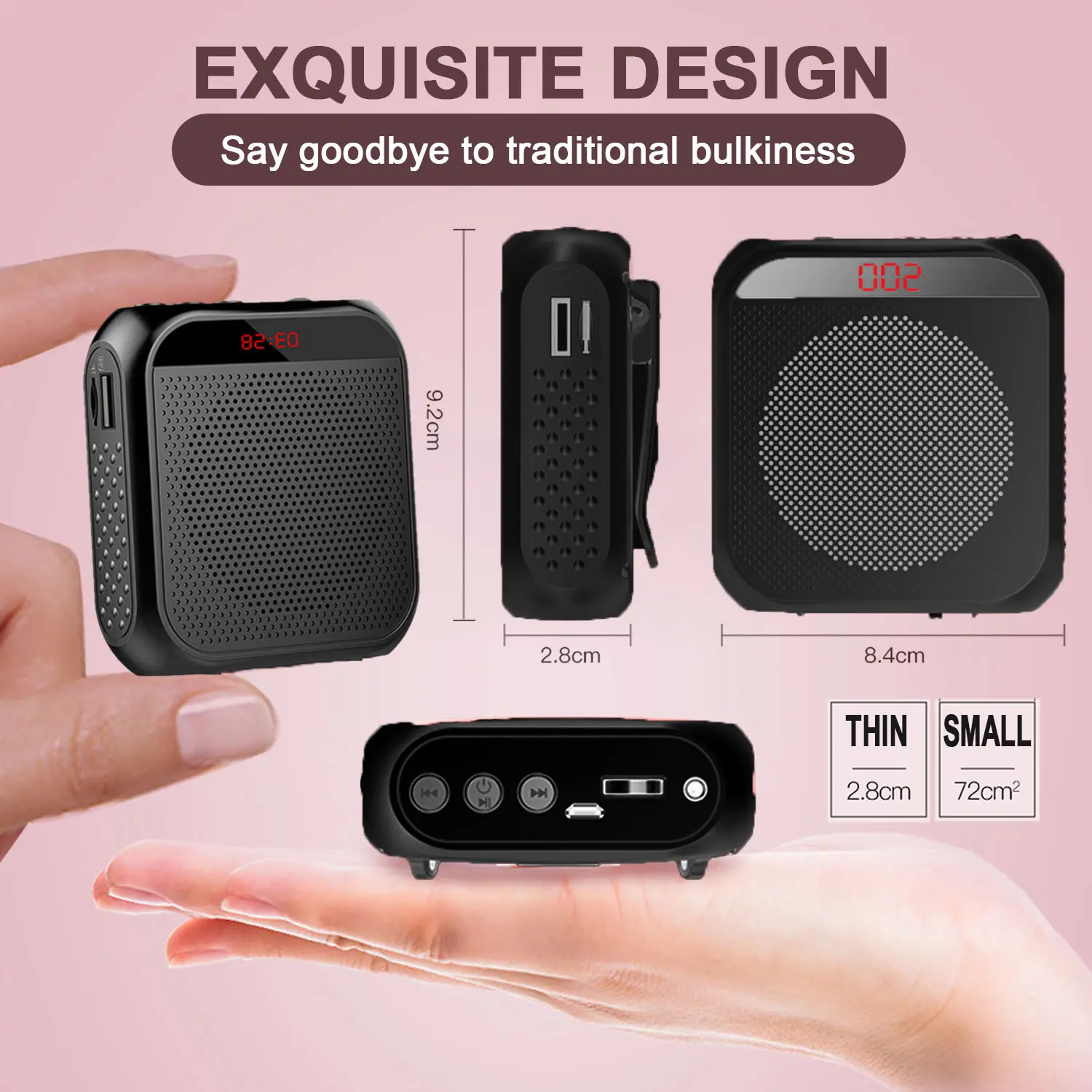 Mini amplificateur vocal portable, haut-parleur vocal personnel multifonctionnel, affichage du microphone pour la réunion vocale, 4x3x1, 5W, 2400mAh