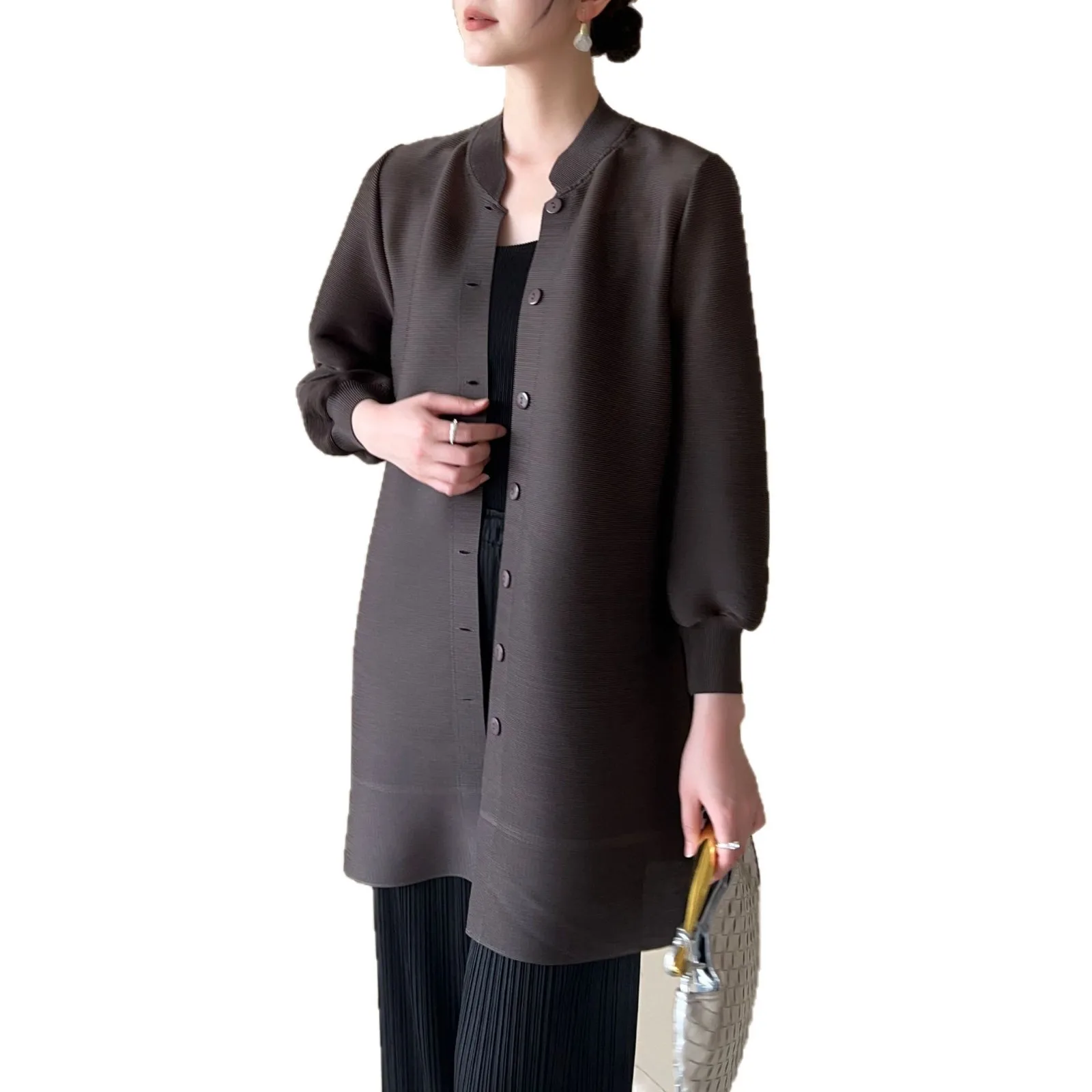 Miyake Fold 2025 Autumn Spring New High End Fold Fashion Casual Style Pleat Long Sleeve Large Loose Pleated Medium Length Coat