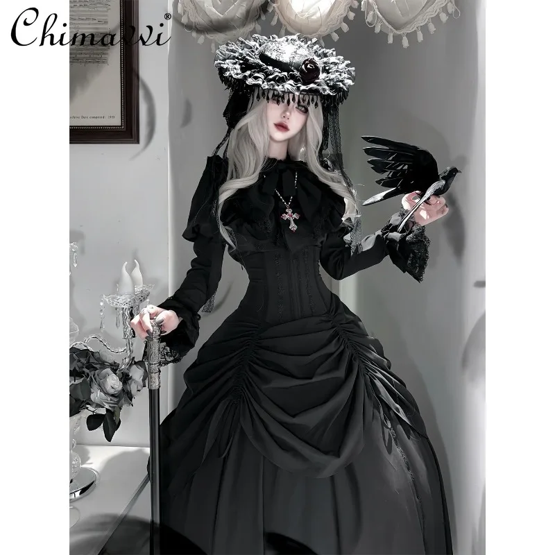 

Темно-готический комплект юбки в стиле Лолиты, осень 2023, новая рубашка в стиле панк с длинными рукавами, топ, юбка с талией «рыбий кости», женский комплект из двух предметов