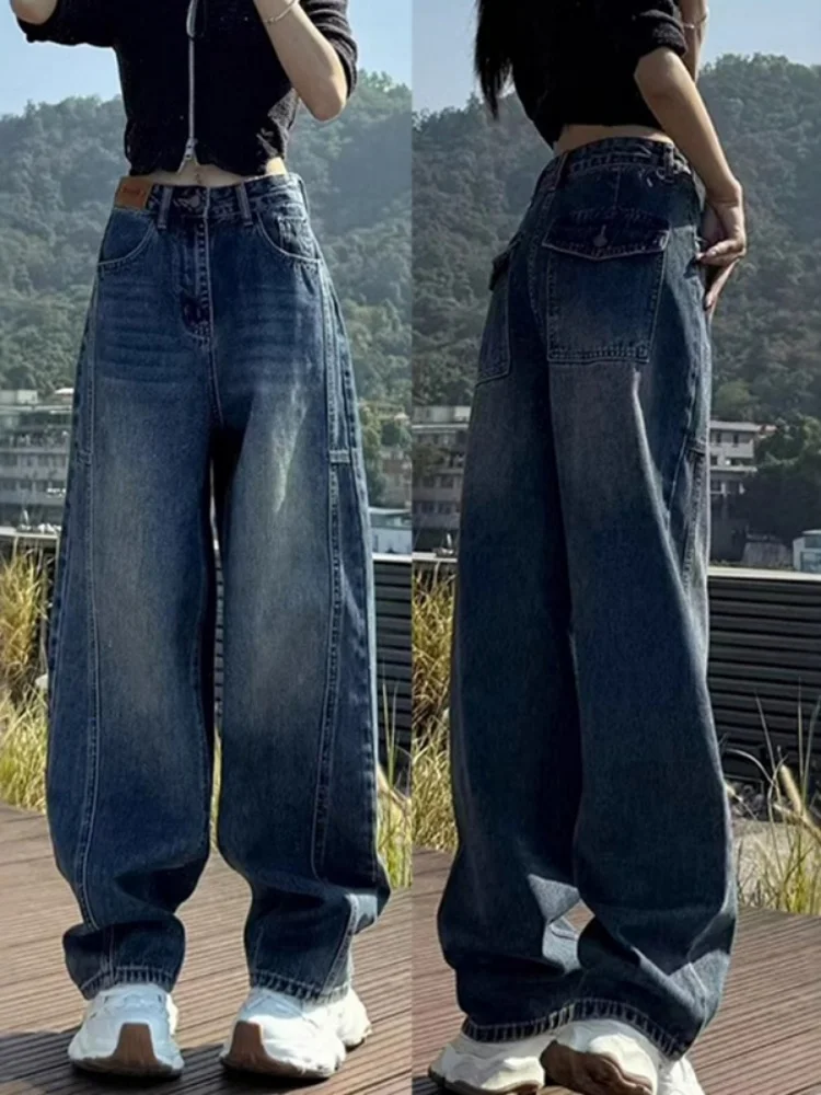 

Джинсы с широкими штанинами в американском стиле больших размеров для женщин, с высокой талией, свободного кроя, повседневные, из денима, для осеннего сезона, модная одежда больших размеров