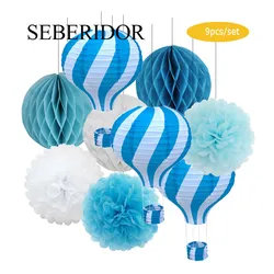 Blue Pink Set Hot Air Balloon Shape Paper Lantern Tissue Pompom Honeycomb 12