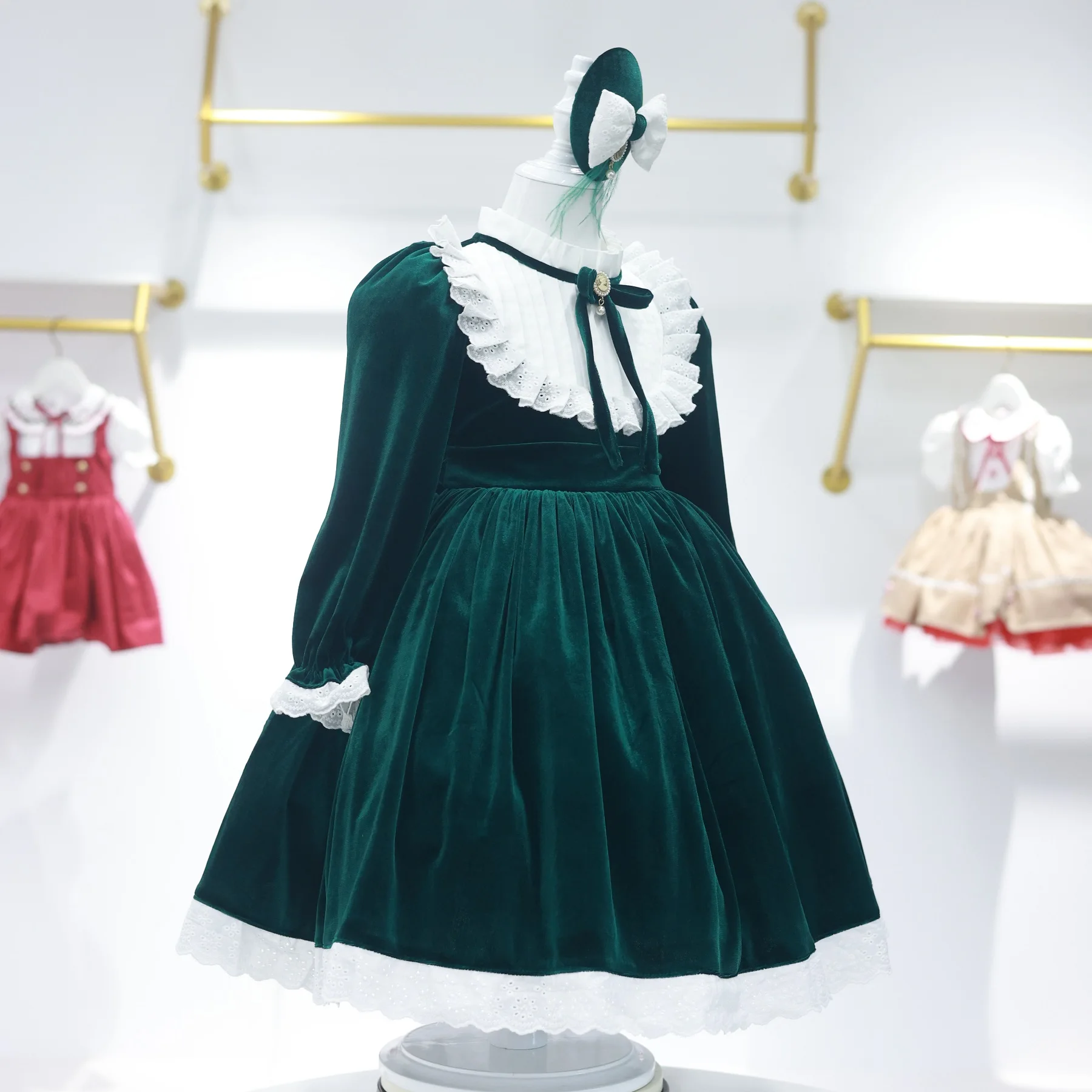 0-12Y Baby Girl Autumn Winter Green Velvet Vintage Spanish Turkish Princess Ball Gown Dress for Eid Christmas Photography C94