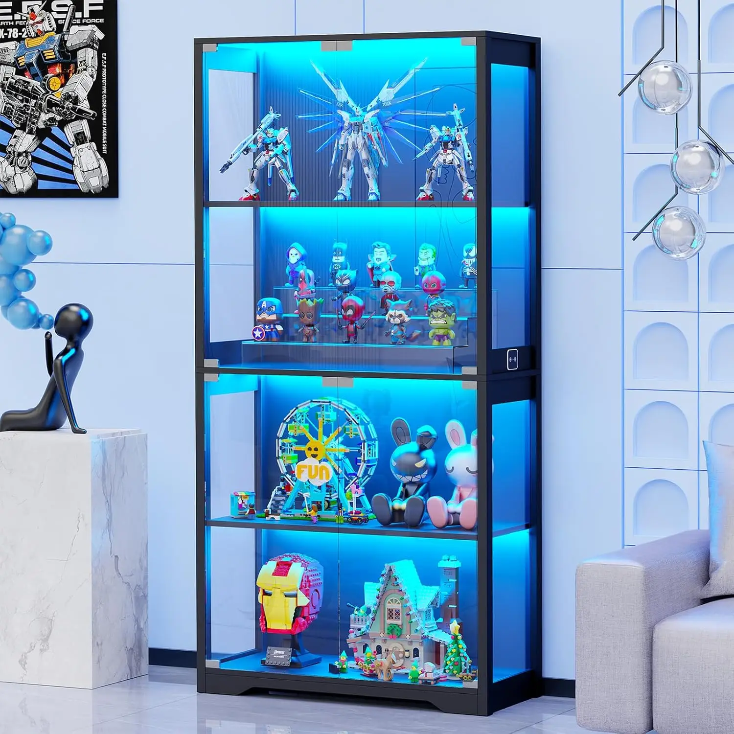 Vitrina con puertas de vidrio, vitrina de 4 niveles con 3 luces de colores para coleccionables, vitrina de vidrio con cuerpo humano