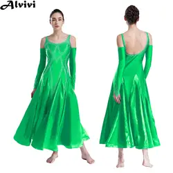 Women Ballroom Modern Lyrical Dance Waltz Stage Performance Dancewear Cold Shoulder Backless Rhinestones Wide Hem Dancing Dress