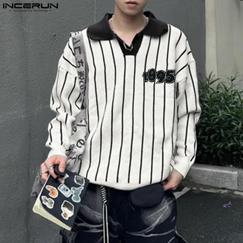 Handsome Well Fitting Tops INCERUN New Mens Simple Contrast Striped Shirts Casual City Walk Male Long Sleeved Lapel Blouse S-5XL