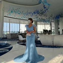 Lena-Sky blue chiffon ball dress, luxurious feather evening dress, pleated Saudi Arabian ball dress