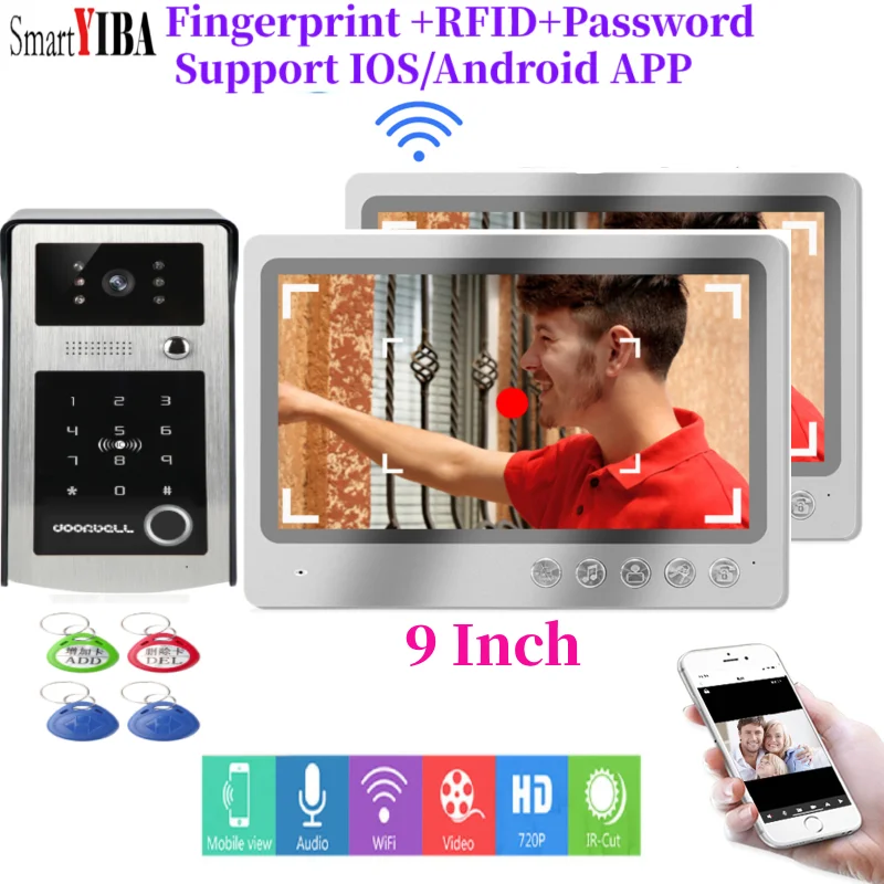 

SmartYIBA Wifi Video Door Phone LCD Record Monitor Fingerprint/Password Unlock Apartment Intercom With RFID IP Door Access Kit