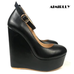 Women Black Round Toe Wedge Platform Pumps Ankle Strap Shoes